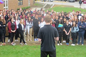 Student rally at West Des Moines Dowling. (Photo courtesy of Iowa Public Radio)