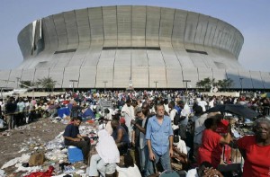 Hurricane Katrina survivors wait to be evacuated from the Superdome in New Orleans