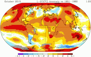 October A map of temperature anomalies during October. Red shows the biggest deviation from the standard (temperatures recorded between 1951 and 1980). NASA/Goddard Space Flight Center